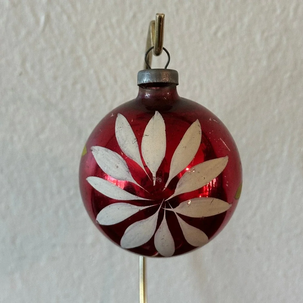 Vintage Heim Glass Christmas Ornament Hand Painted White Green Leaves 2.50''
